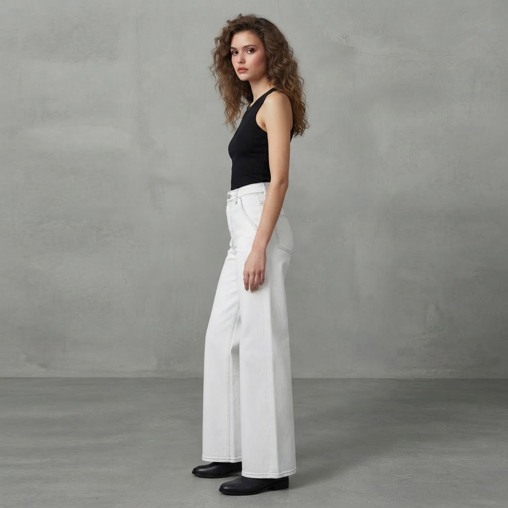 Conbipel White Wide Leg Stretch Jeans with Contrast Stitchin