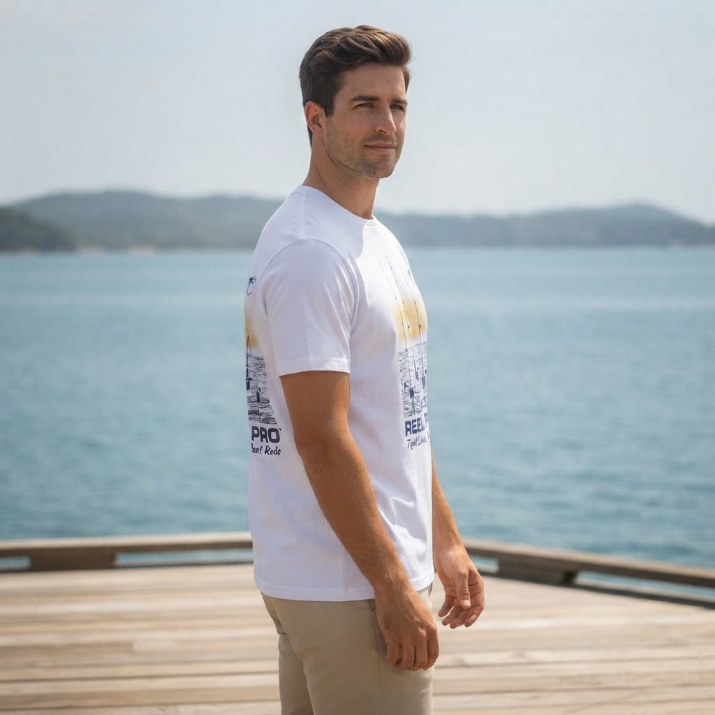 Reel Pro Fishing White Short-Sleeve Graphic T-Shirt with Fis