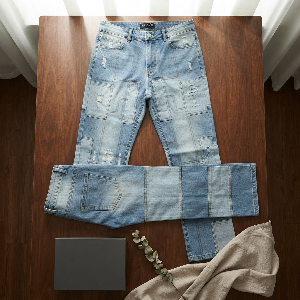 BoohooMAN Light Blue Patchwork Distressed Straight Flare Jea