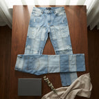 BoohooMAN Light Blue Patchwork Distressed Straight Flare Jea