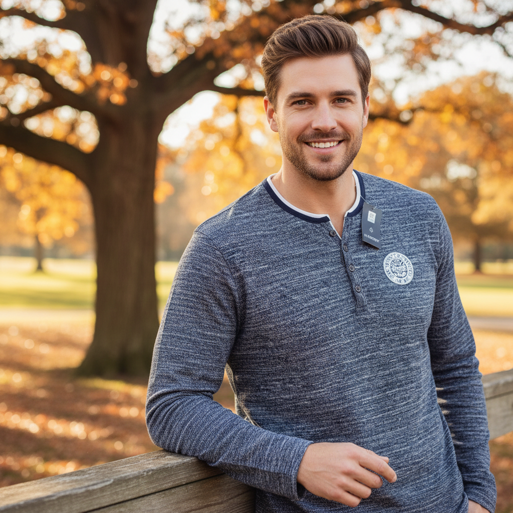 Livergy Men's Blue Marl Long Sleeve Henley Shirt - XL