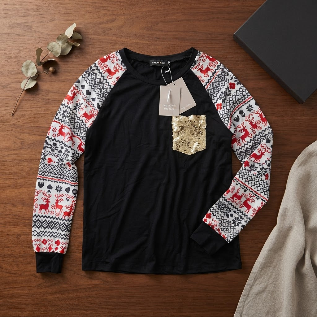 Emery Rose Black Festive Long Sleeve Top with Gold Sequin Po