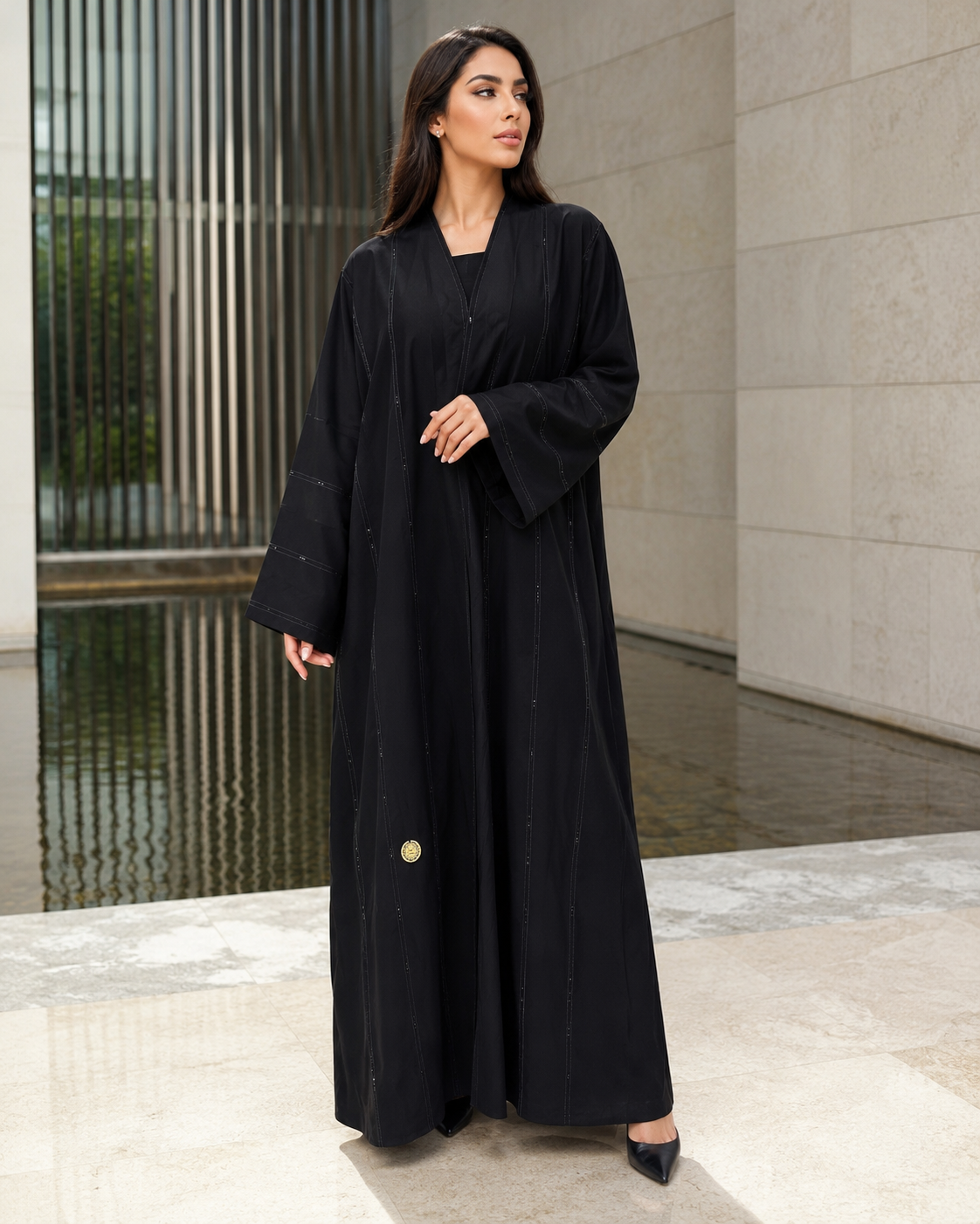 Black Embellished Open-Front Straight Fit Abaya