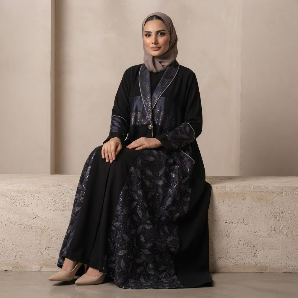 Black Embellished Long-Sleeve Formal Abaya Dress