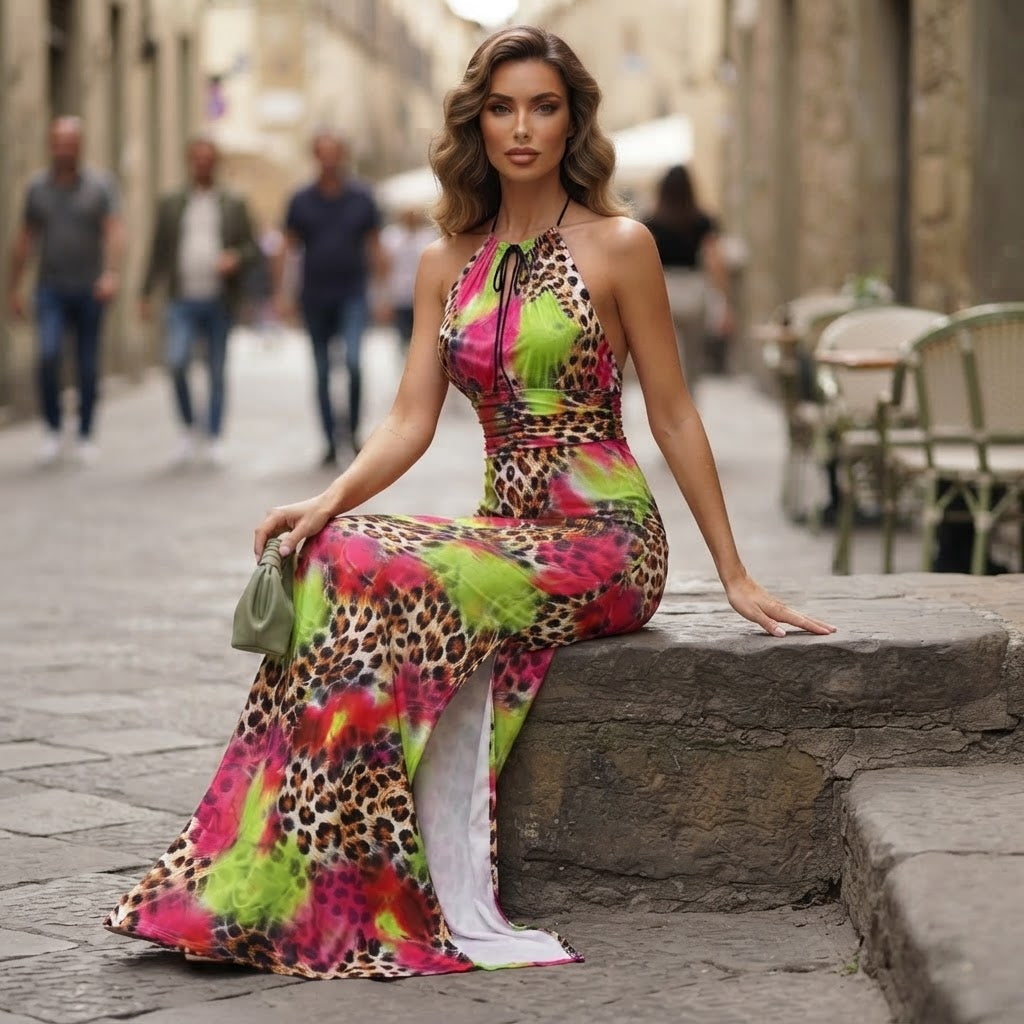 SHEIN SHEIN Multi-Colour Leopard Print Ruched Halter Maxi Dr