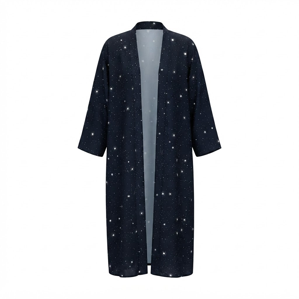 Women's Black Star Print Long Kimono Abaya Jacket