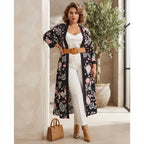 EVANS Women's Black Floral Longline Open-Front Kimono Abaya Jacket
