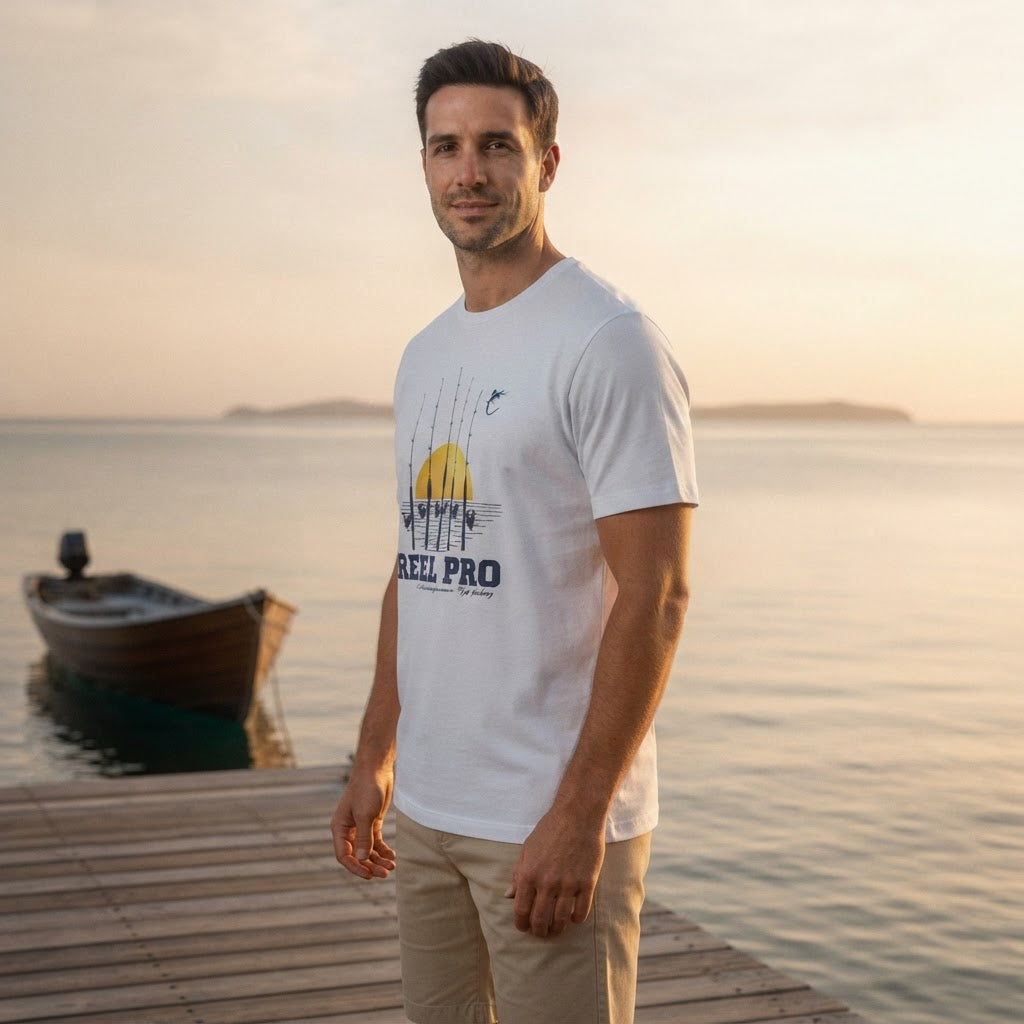 Reel Pro White Graphic Fishing T-Shirt with Reel Pro Back Pr