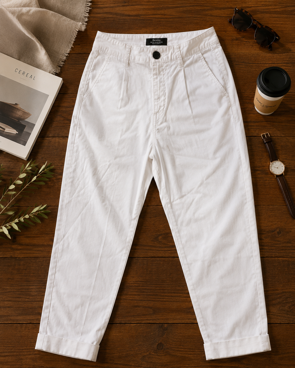 Bershka White Tailored Tapered Ankle-Length Trousers