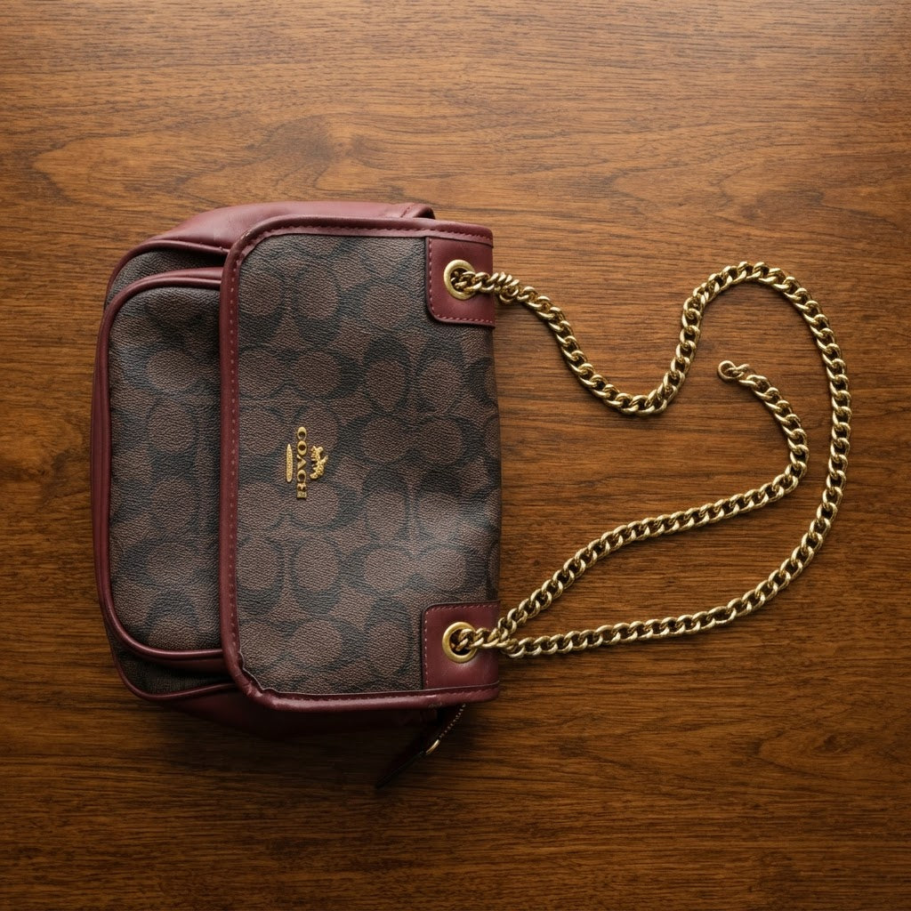 COACH NEW YORK Burgundy Monogram Coated Canvas Crossbody Bag