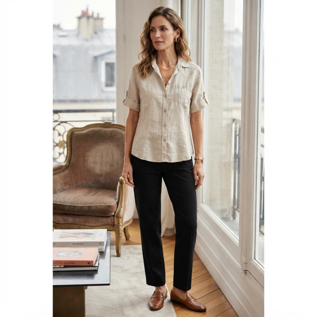 PUBLIC Women's Beige Linen Short Sleeve Button-Down Shirt
