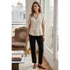 PUBLIC Women's Beige Linen Short Sleeve Button-Down Shirt