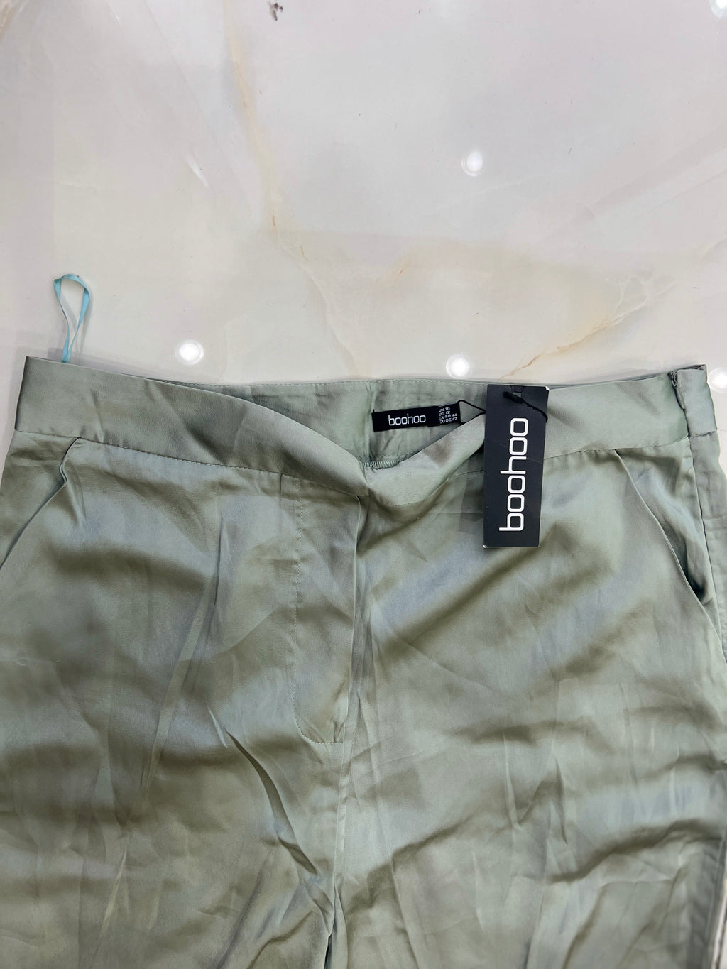 Boohoo Sage Green Satin Wide Leg High Waisted Trousers