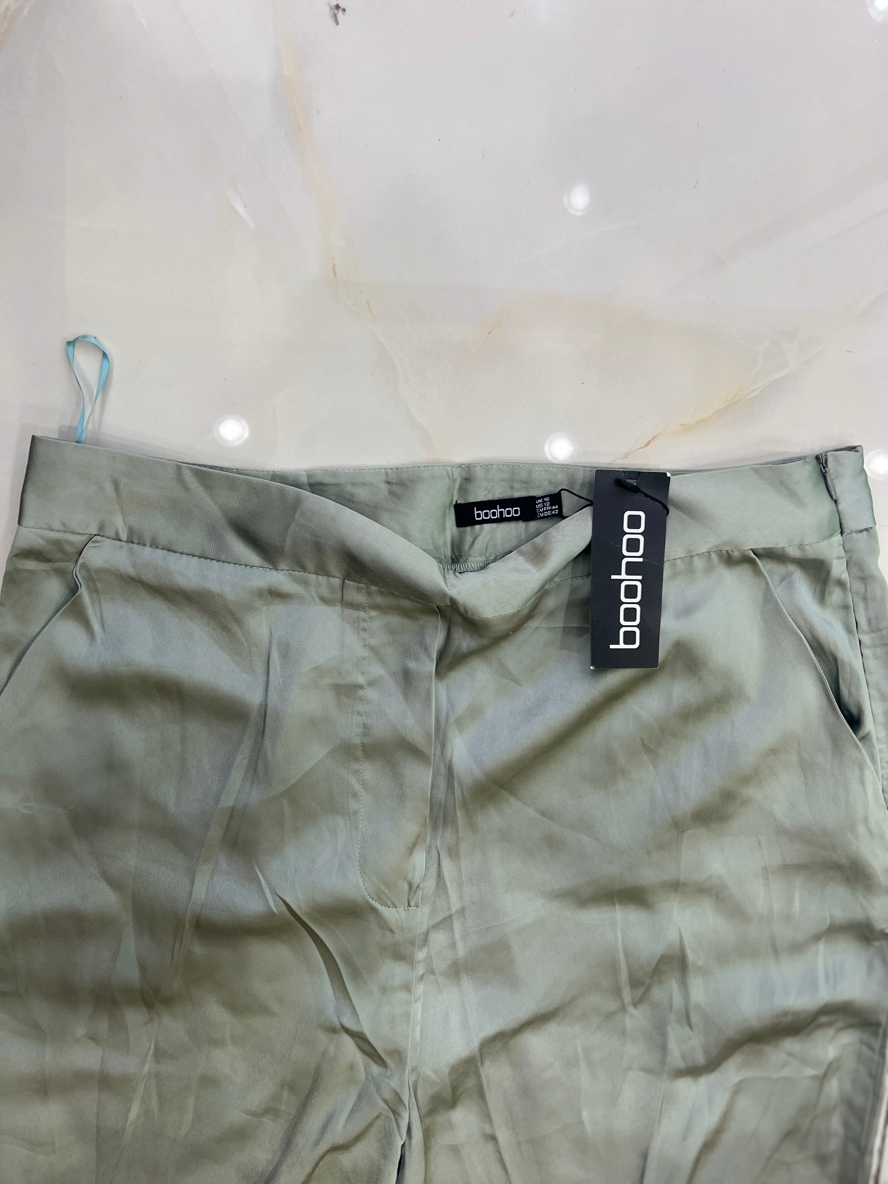 Boohoo Sage Green Satin Wide Leg High Waisted Trousers