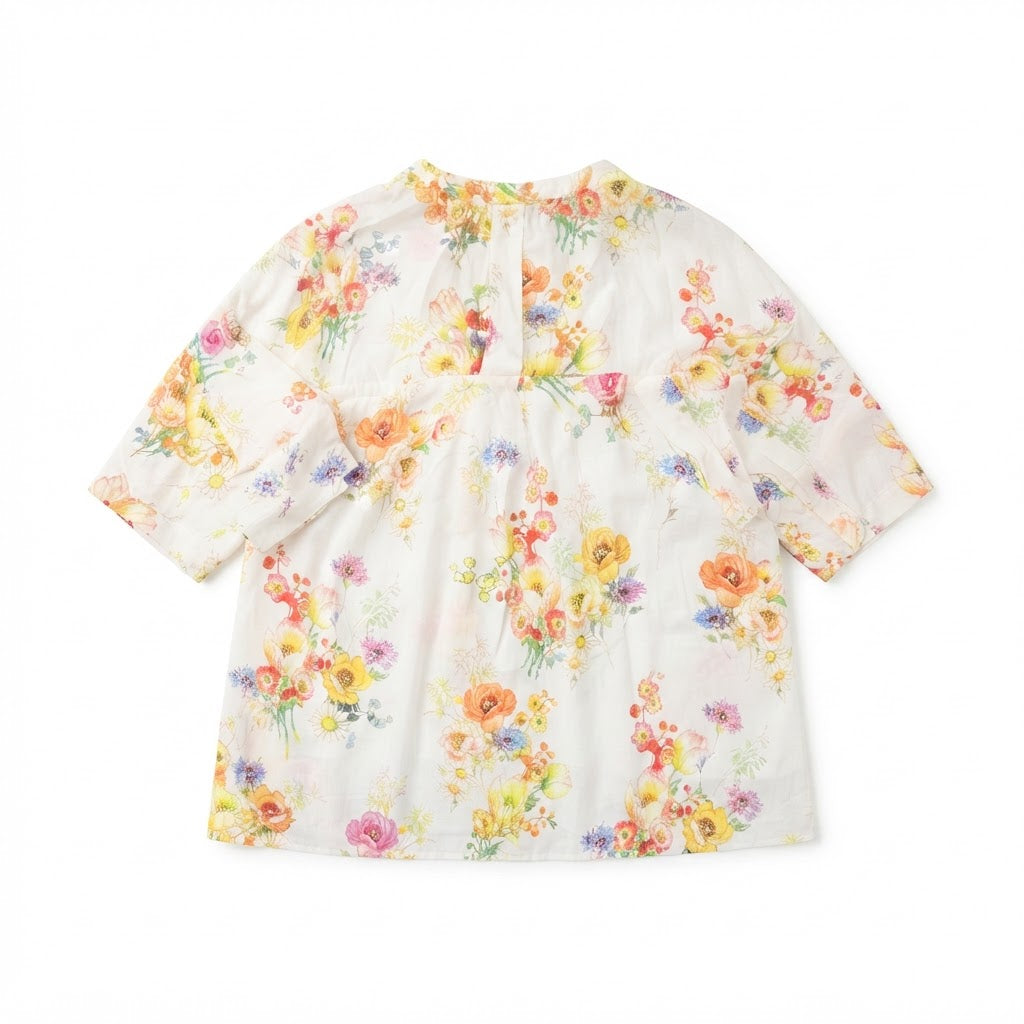 Women's White Floral Short Sleeve Relaxed Blouse