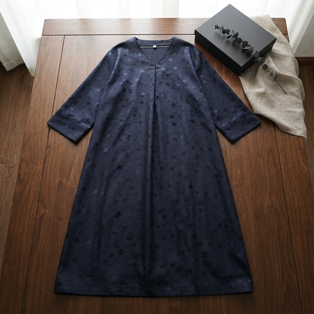 Navy Blue Floral Jacquard Long Modest V-Neck Dress