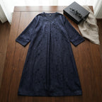Navy Blue Floral Jacquard Long Modest V-Neck Dress