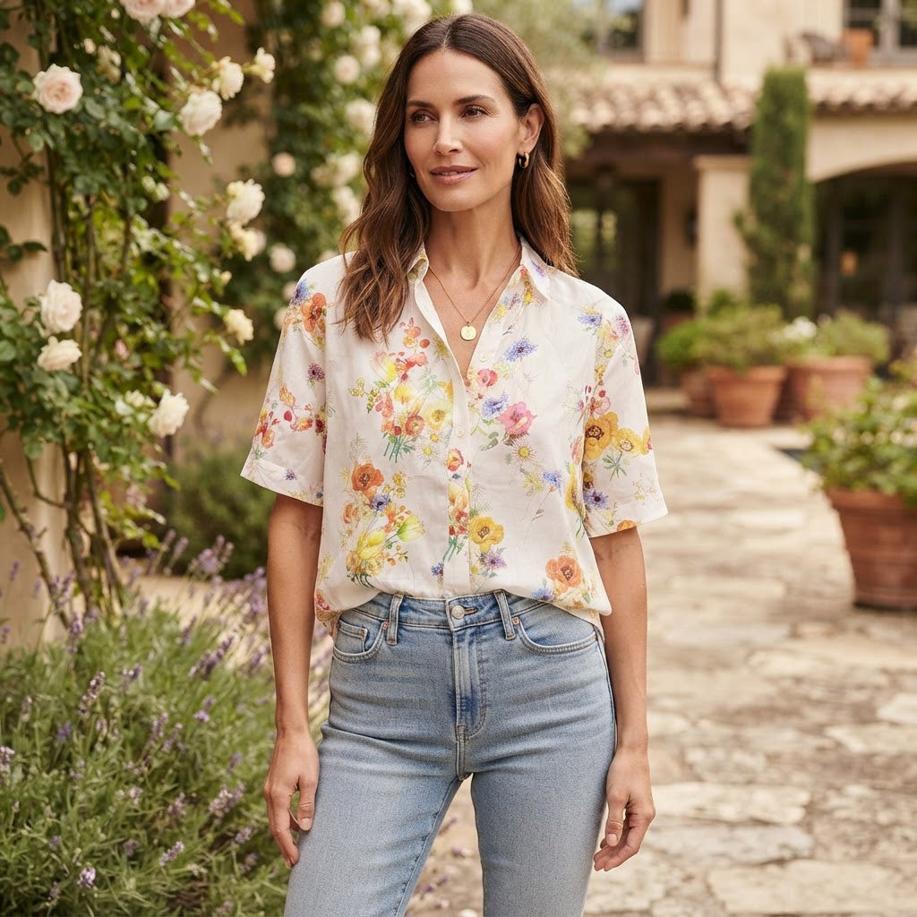 Women's White Floral Short Sleeve Relaxed Blouse