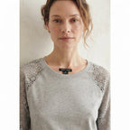EMERY ROSE Light Heather Grey Top with Crochet Lace Sleeves