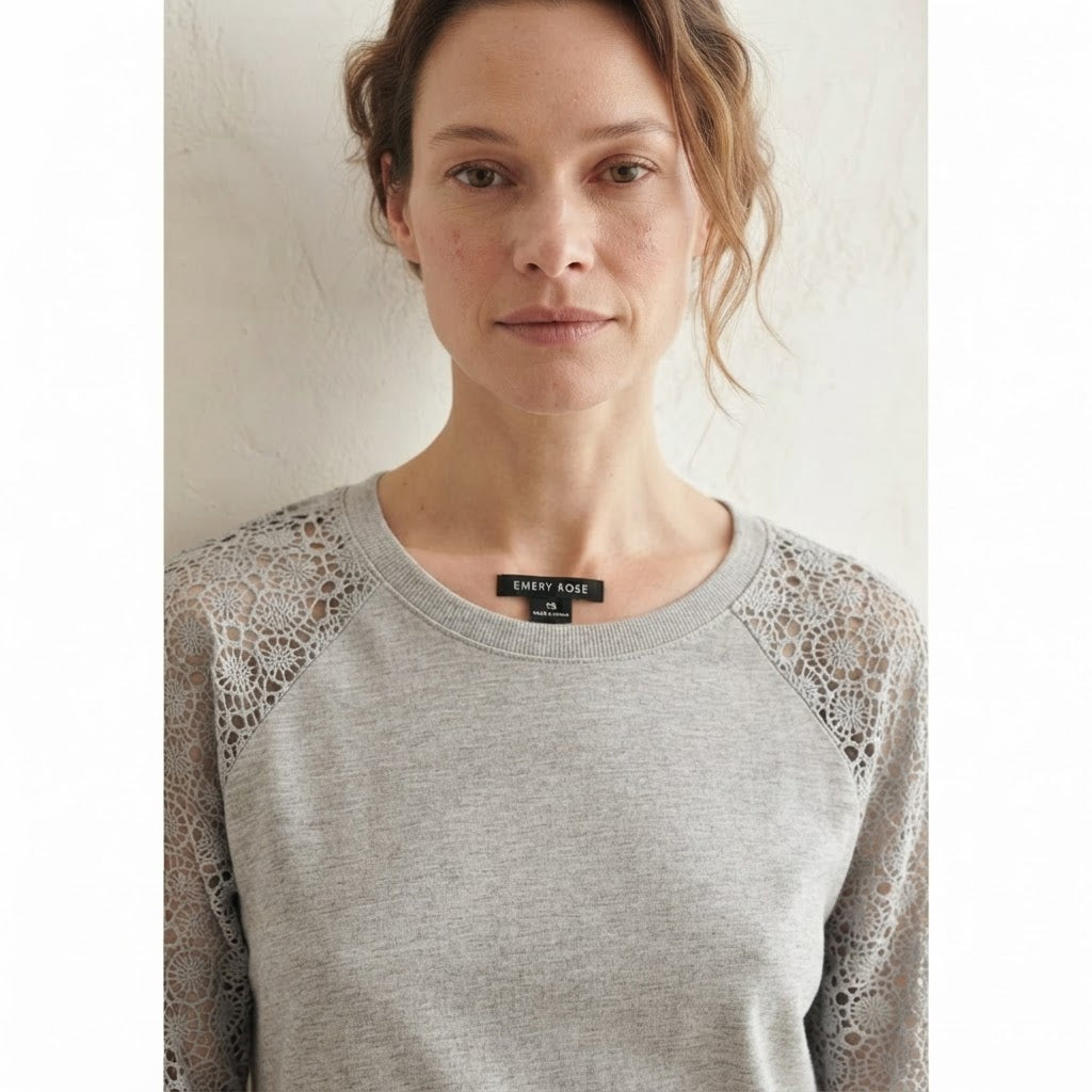 EMERY ROSE Light Heather Grey Top with Crochet Lace Sleeves
