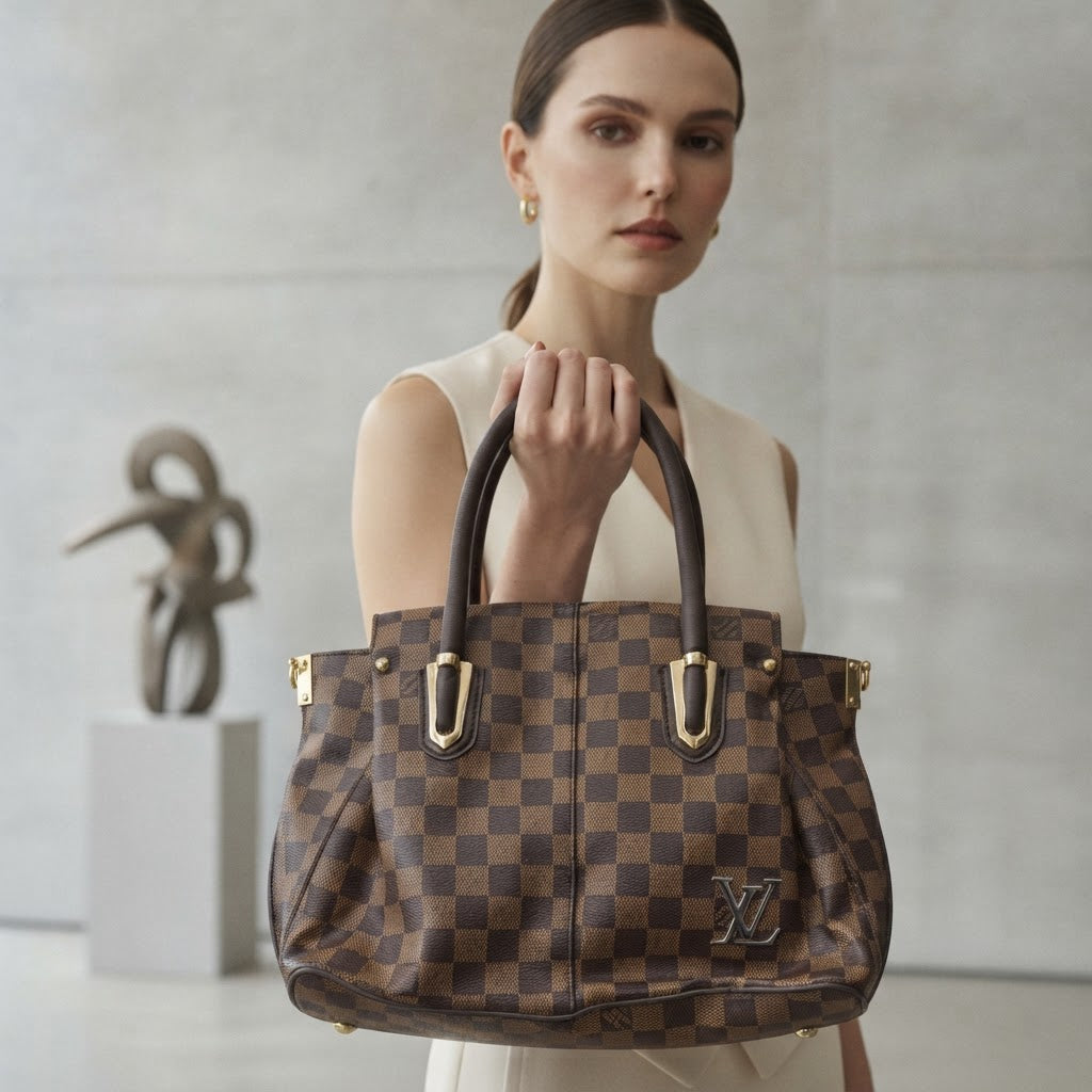 LOUIS VUITTON PARIS Brown Checkered Structured Top-Handle To