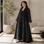 guess Black Open-Front Abaya with Floral Lace Panels