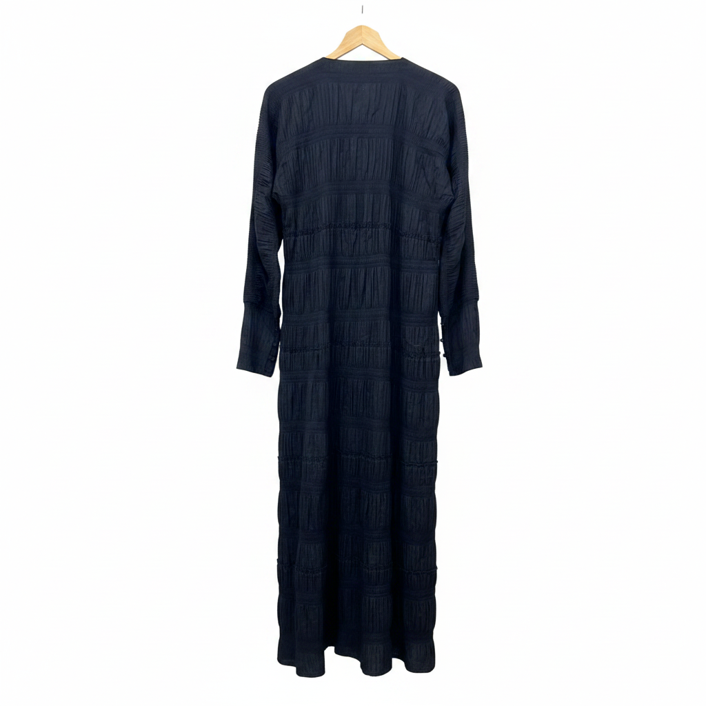 Women's Black Ruched Maxi Open-Front Robe
