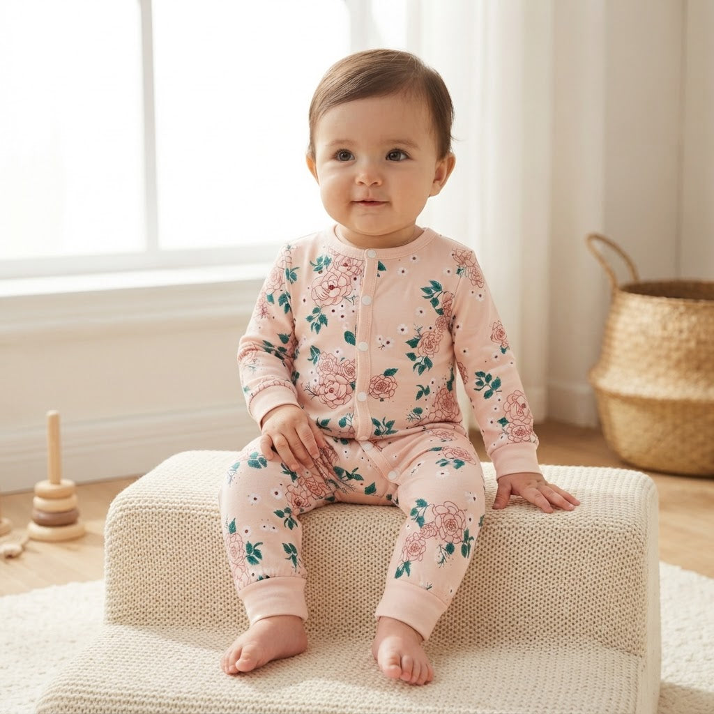 SHEIN Pale Blush Pink Floral Long-Sleeve Baby Romper