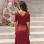 SWING Wine Red Satin Fit-and-Flare Midi Dress with Panelled