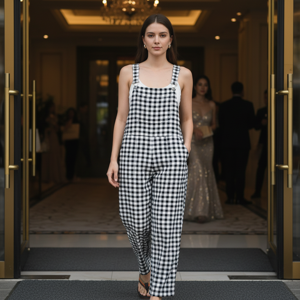 Zara Black & White Gingham Linen Blend Overalls - Size S