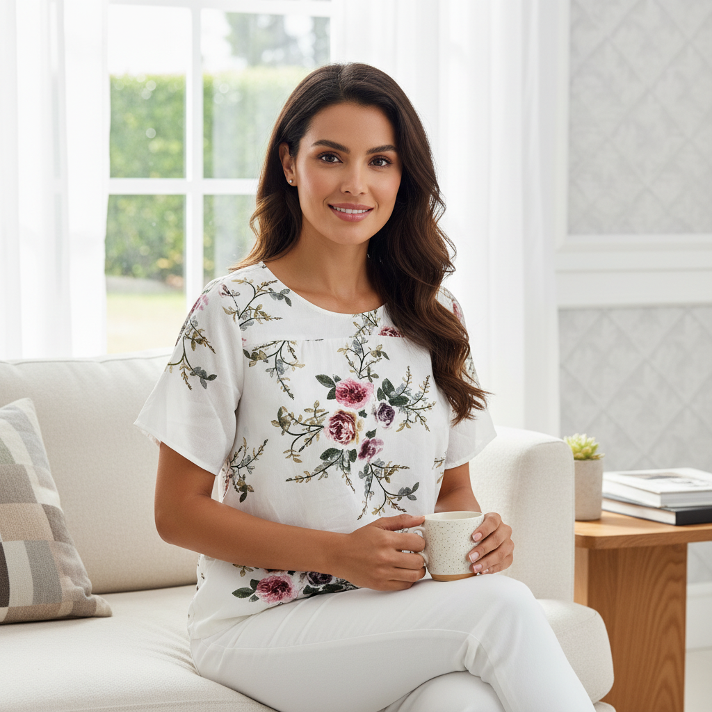 Women's White Floral Print Short Sleeve Cotton Blouse