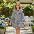 Kids Blue Floral Peter Pan Collar Long Sleeve Dress