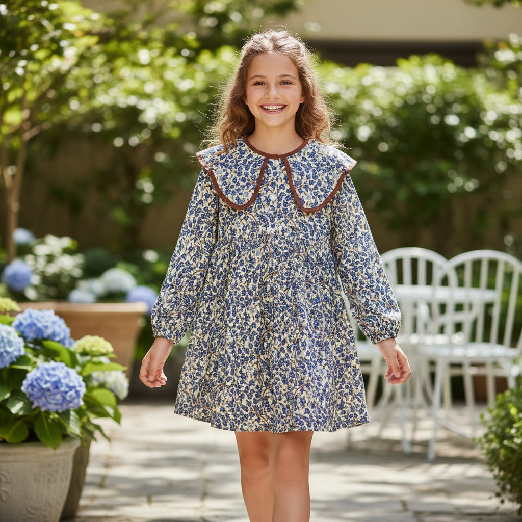 Kids Blue Floral Peter Pan Collar Long Sleeve Dress