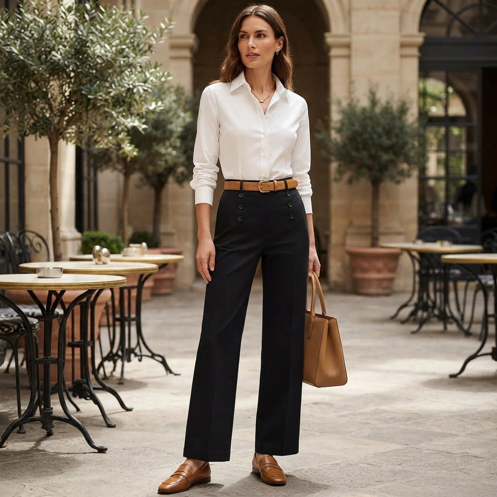 Women's Black High-Waist Sailor Wide-Leg Trousers