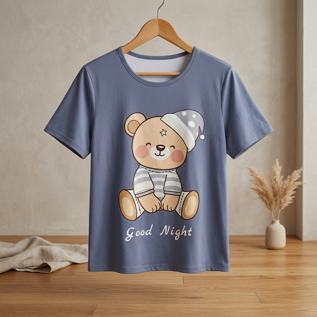 SHEIN Slate Blue Teddy Bear Graphic Sleepwear Top
