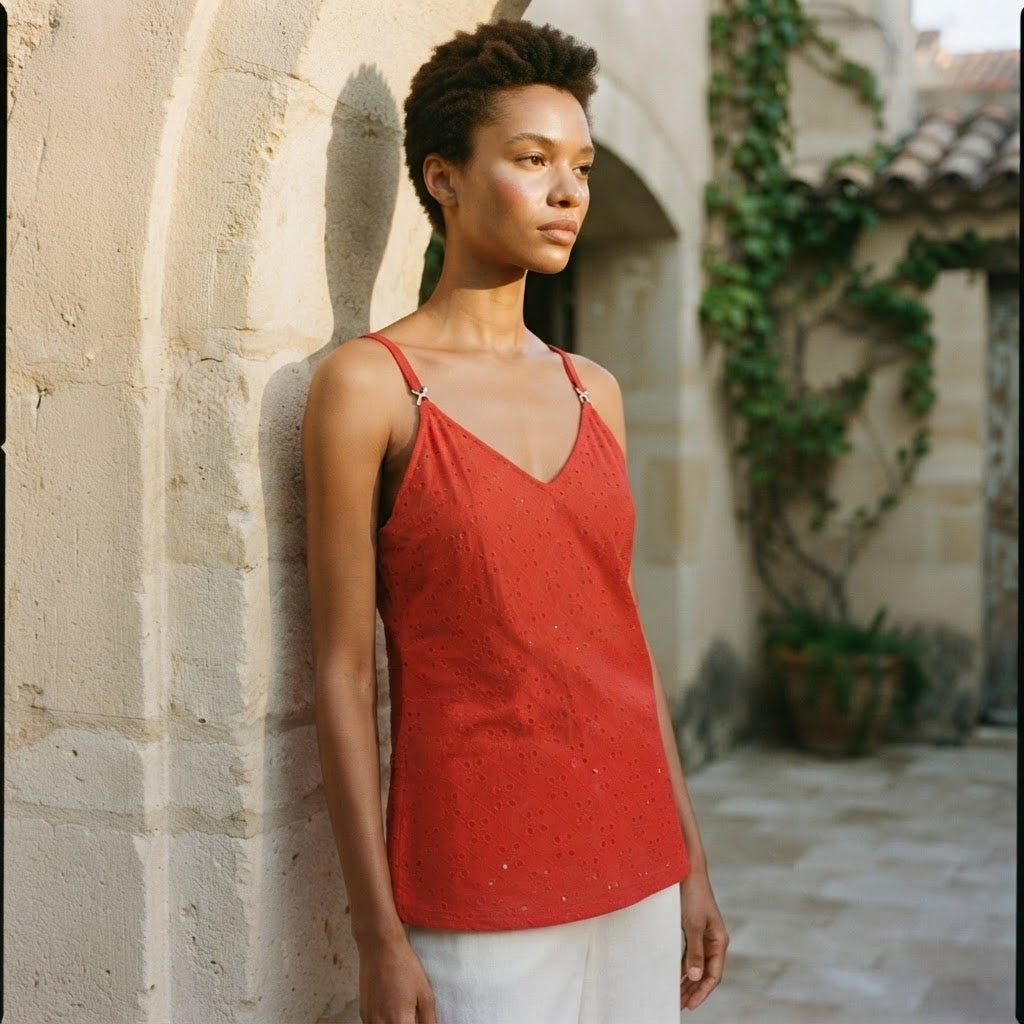 Women's Red Cotton Eyelet Cami Dress