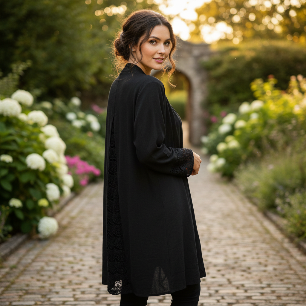 Haya Abaya Black Lace Trim Open Front Long Cardigan