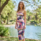 SHEIN Multi-color Abstract Print Strapless Midi Tube Dress