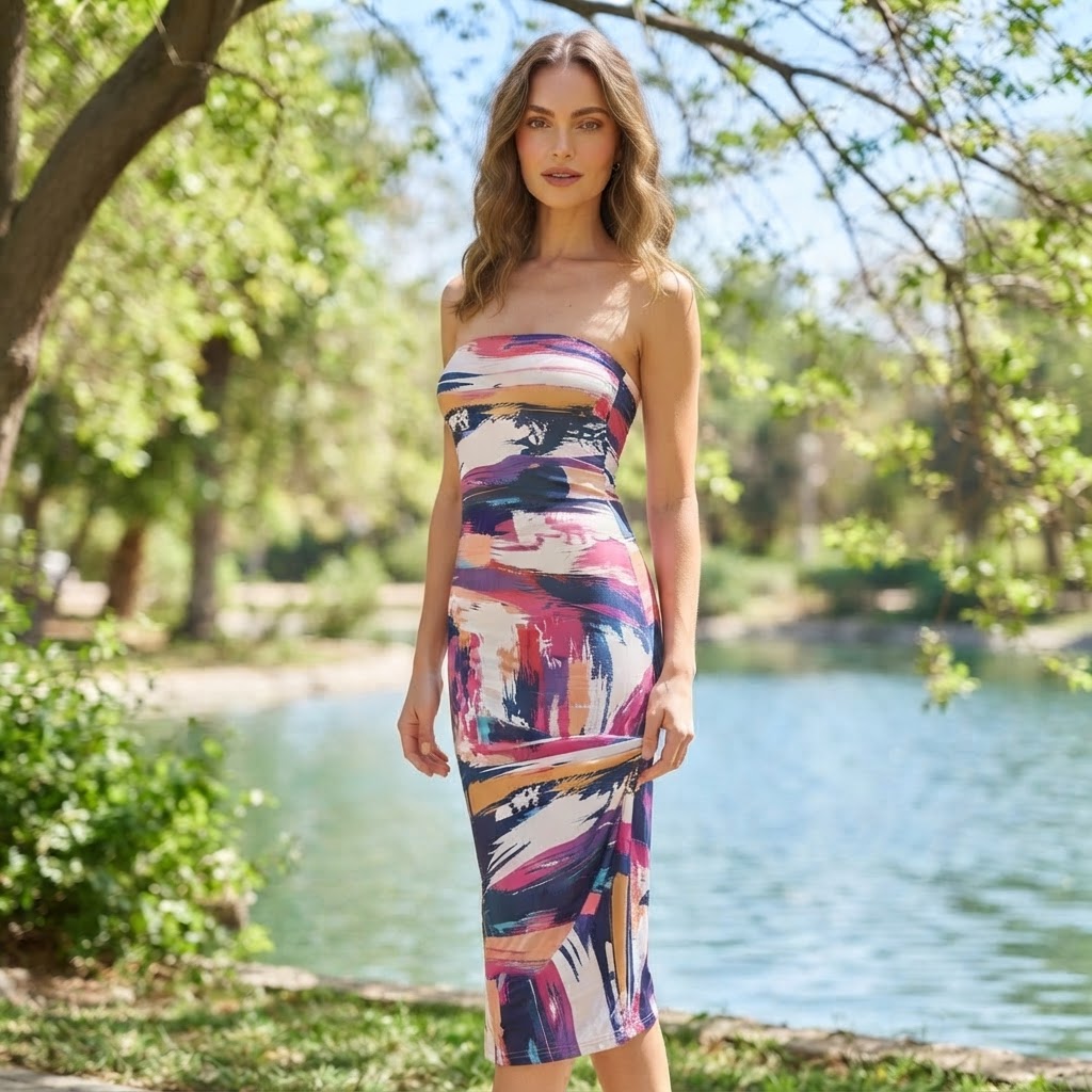 SHEIN Multi-color Abstract Print Strapless Midi Tube Dress