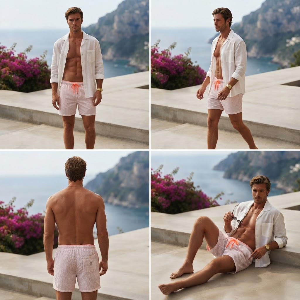 Men's Peach Seersucker Striped Shorts with Orange Drawstring