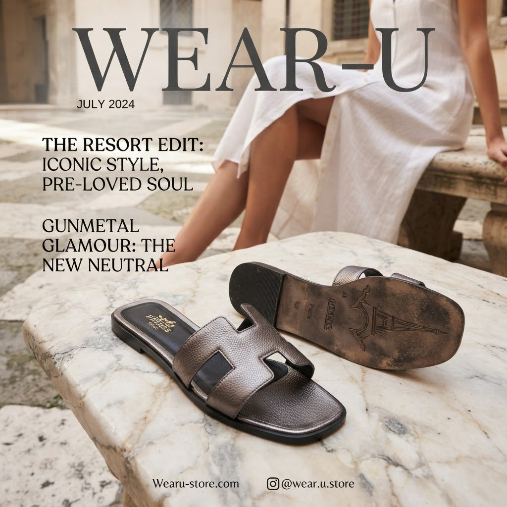HERMES Gunmetal Metallic Flat Slides with H-Cutout Detail