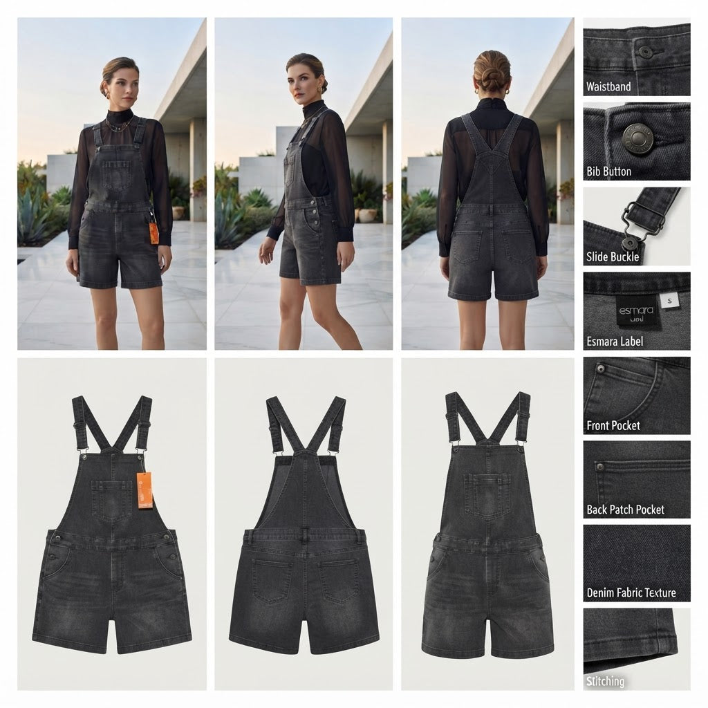 esmara Charcoal Grey Denim Short Overalls with Bib Pocket