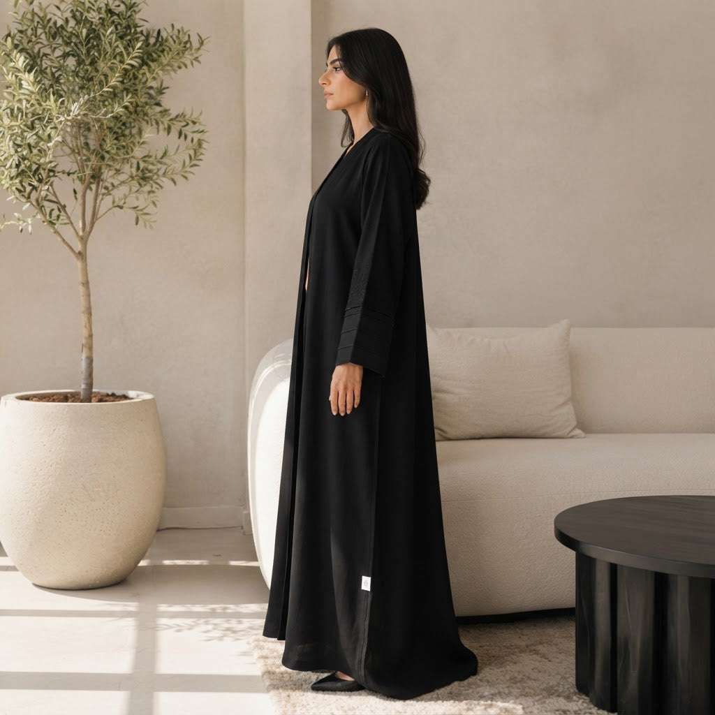 Cervo Black Open-Front Abaya with Structured Banded Cuffs