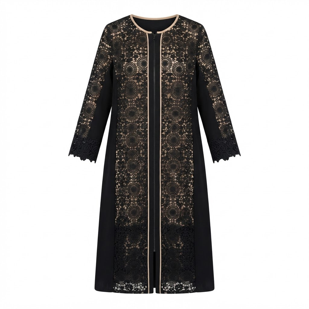 guess Black Guipure Lace Long-Sleeve Ankle Dress with Nude T