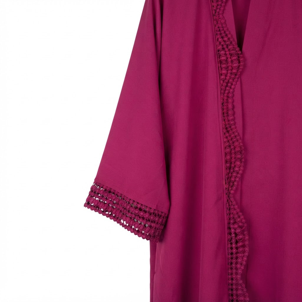 Women's Magenta Open Front Kimono Abaya  with Crochet Trim