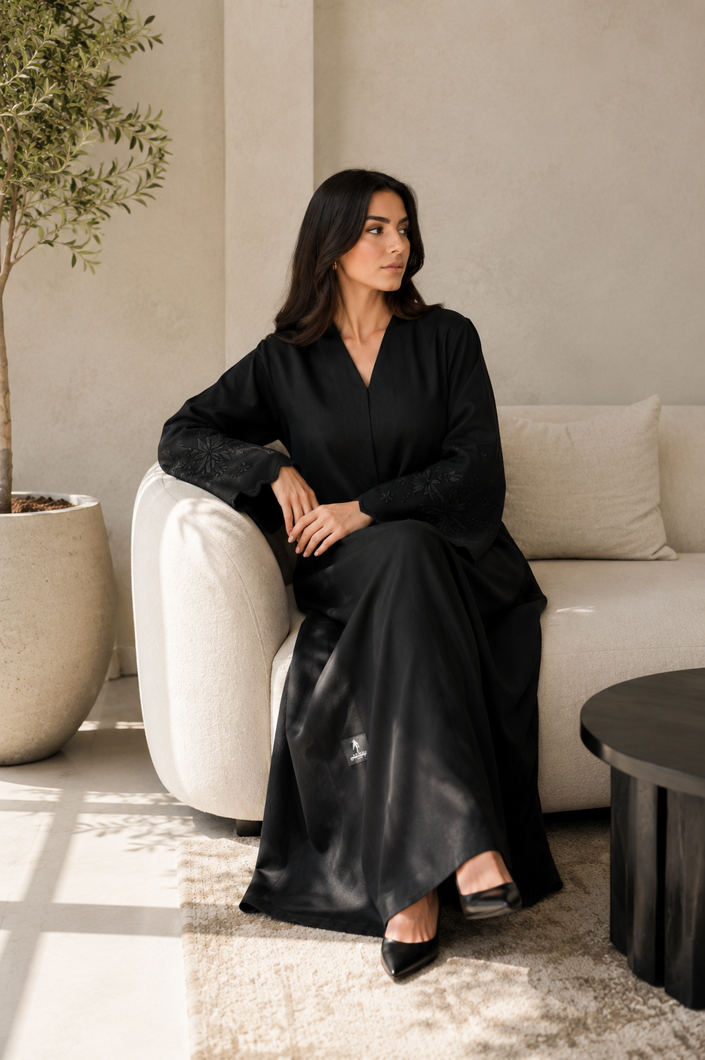 Black Embroidered Open Front Abaya - Size 54