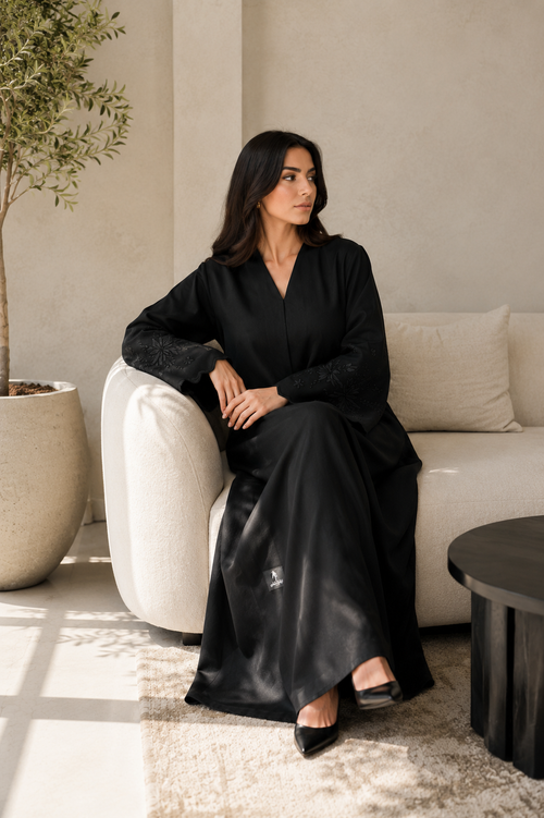 Black Embroidered Open Front Abaya - Size 54
