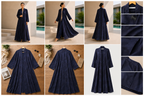 Navy Blue Jacquard Satin A-Line Open Front Abaya