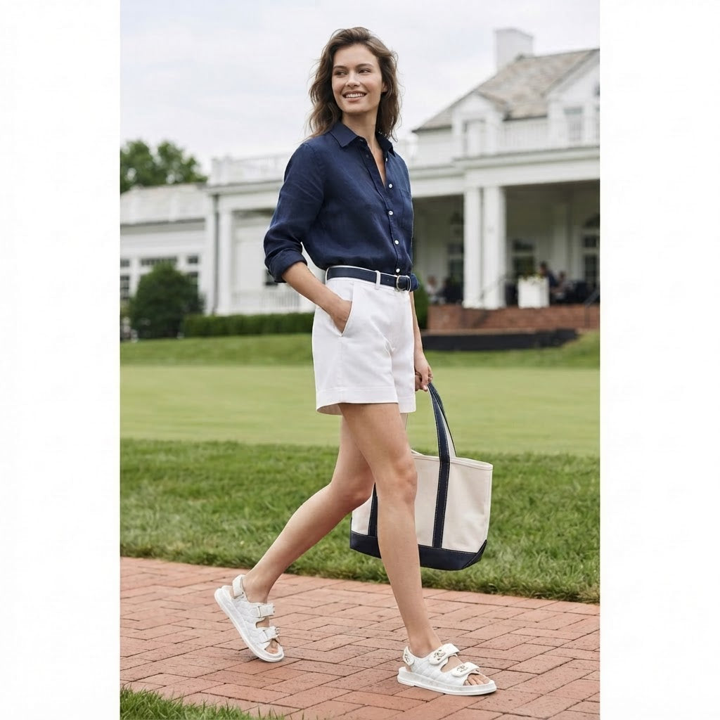 CHANEL White Quilted Double-Strap Flat Sandals with Gold Log
