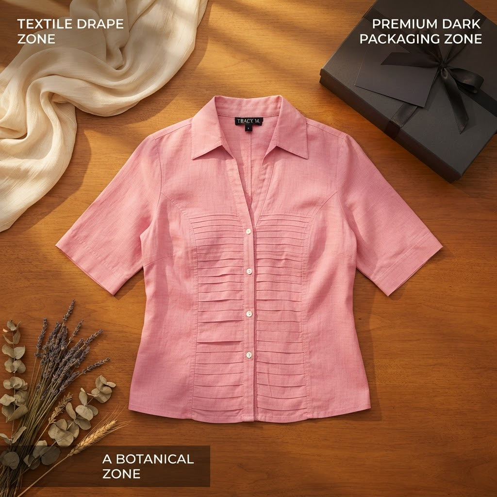 [WearU Generated:merch_flat_lay] Tracy M. Rose Pink Linen-Blend Pintuck Blouse – merch flat lay